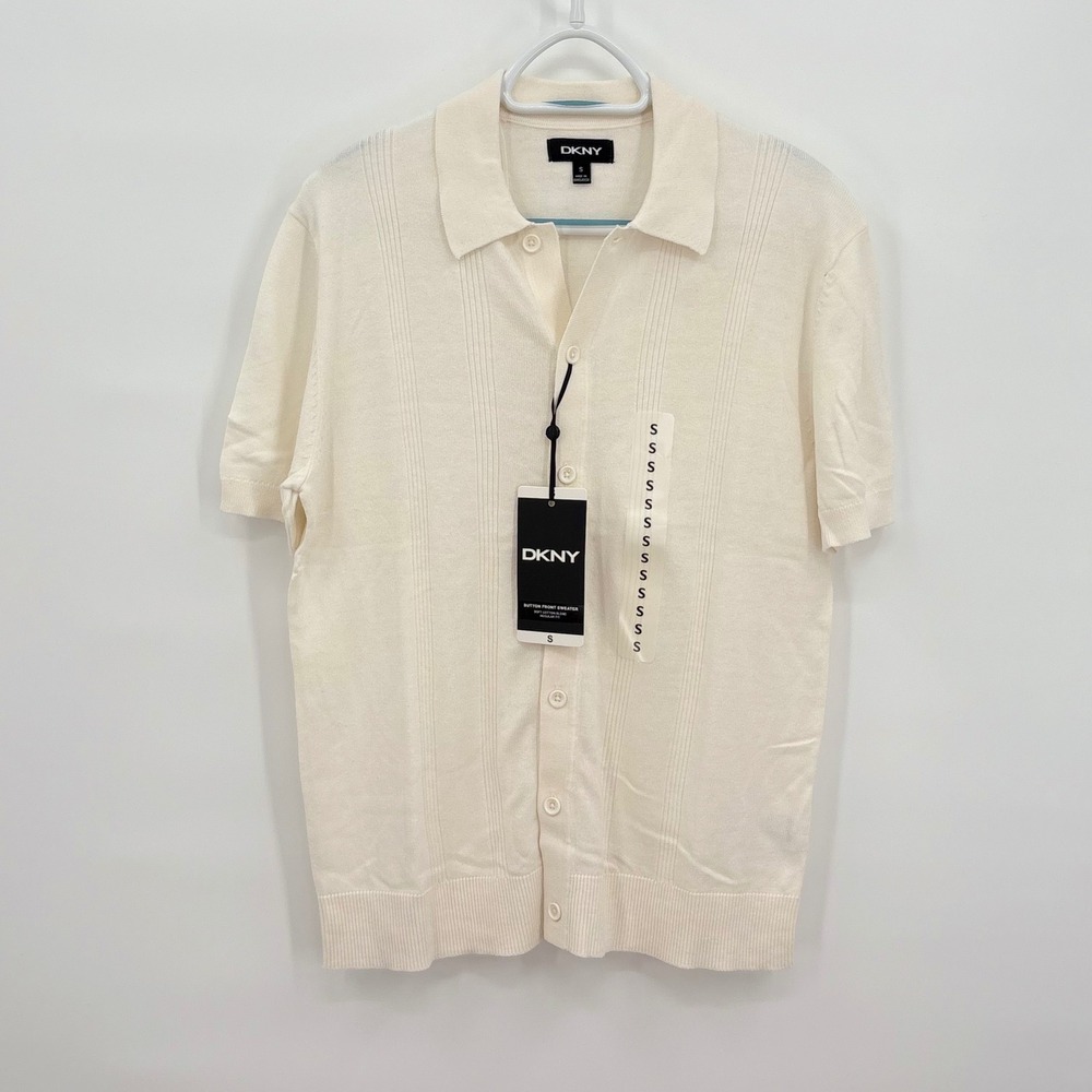 DKNY Mens Cream Short Sleeve Button Front Sweater Polo Knit Size Small‎ NEW NWT
